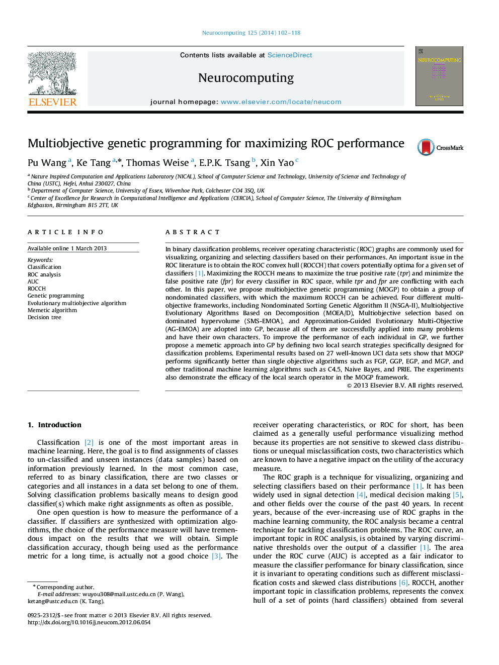 Multiobjective genetic programming for maximizing ROC performance