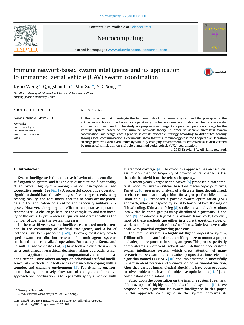 Immune network-based swarm intelligence and its application to unmanned aerial vehicle (UAV) swarm coordination