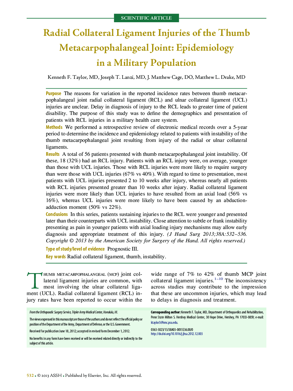 Radial Collateral Ligament Injuries of the Thumb Metacarpophalangeal Joint: Epidemiology in a Military Population 