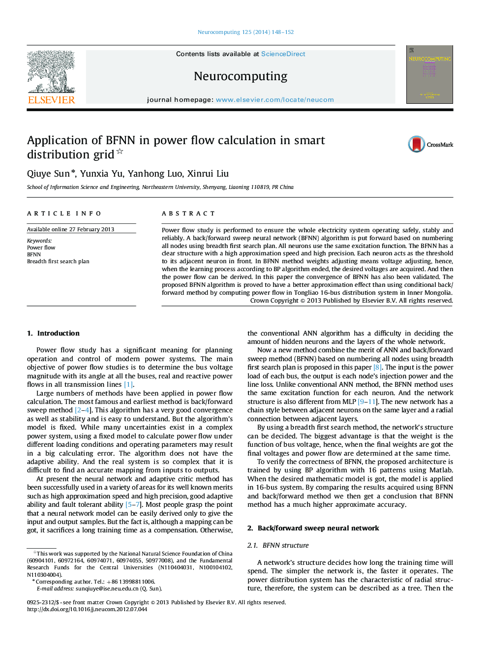 Application of BFNN in power flow calculation in smart distribution grid 