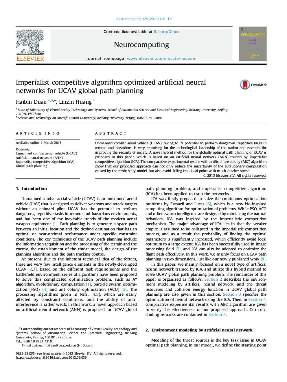 Imperialist competitive algorithm optimized artificial neural networks for UCAV global path planning