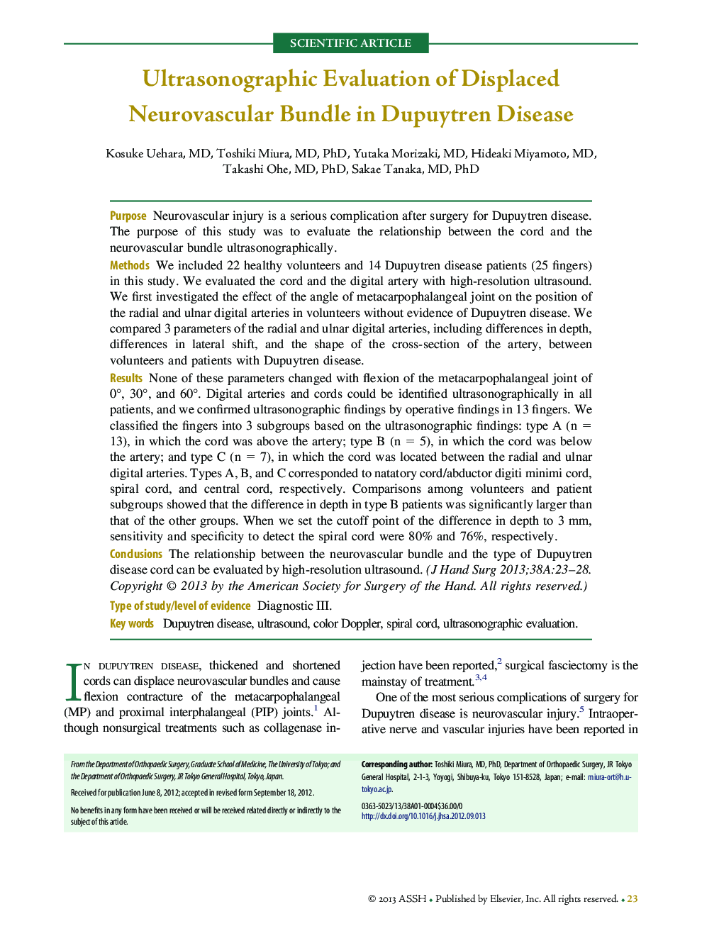 Ultrasonographic Evaluation of Displaced Neurovascular Bundle in Dupuytren Disease 