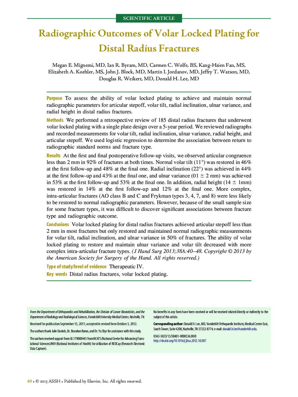 Radiographic Outcomes of Volar Locked Plating for Distal Radius Fractures 