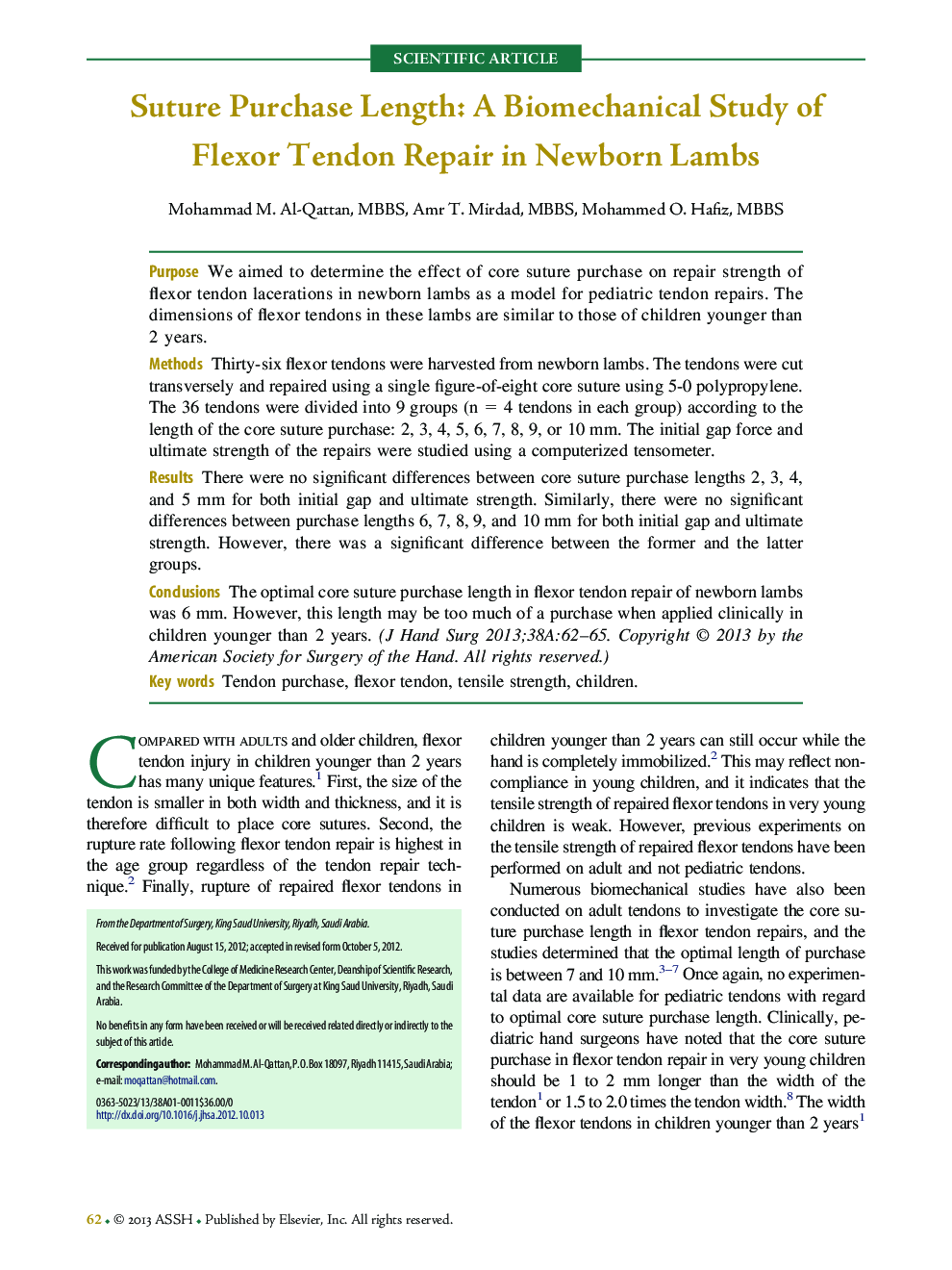 Suture Purchase Length: A Biomechanical Study of Flexor Tendon Repair in Newborn Lambs 