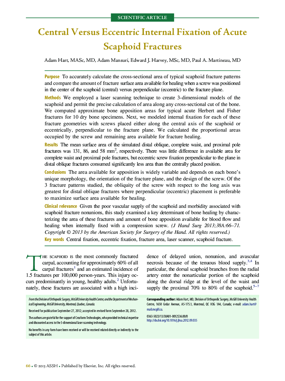 Central Versus Eccentric Internal Fixation of Acute Scaphoid Fractures 