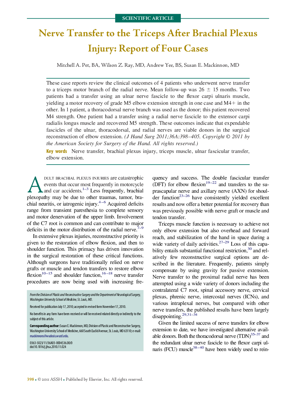 Nerve Transfer to the Triceps After Brachial Plexus Injury: Report of Four Cases 