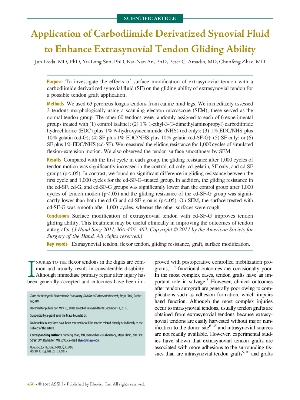 Application of Carbodiimide Derivatized Synovial Fluid to Enhance Extrasynovial Tendon Gliding Ability 