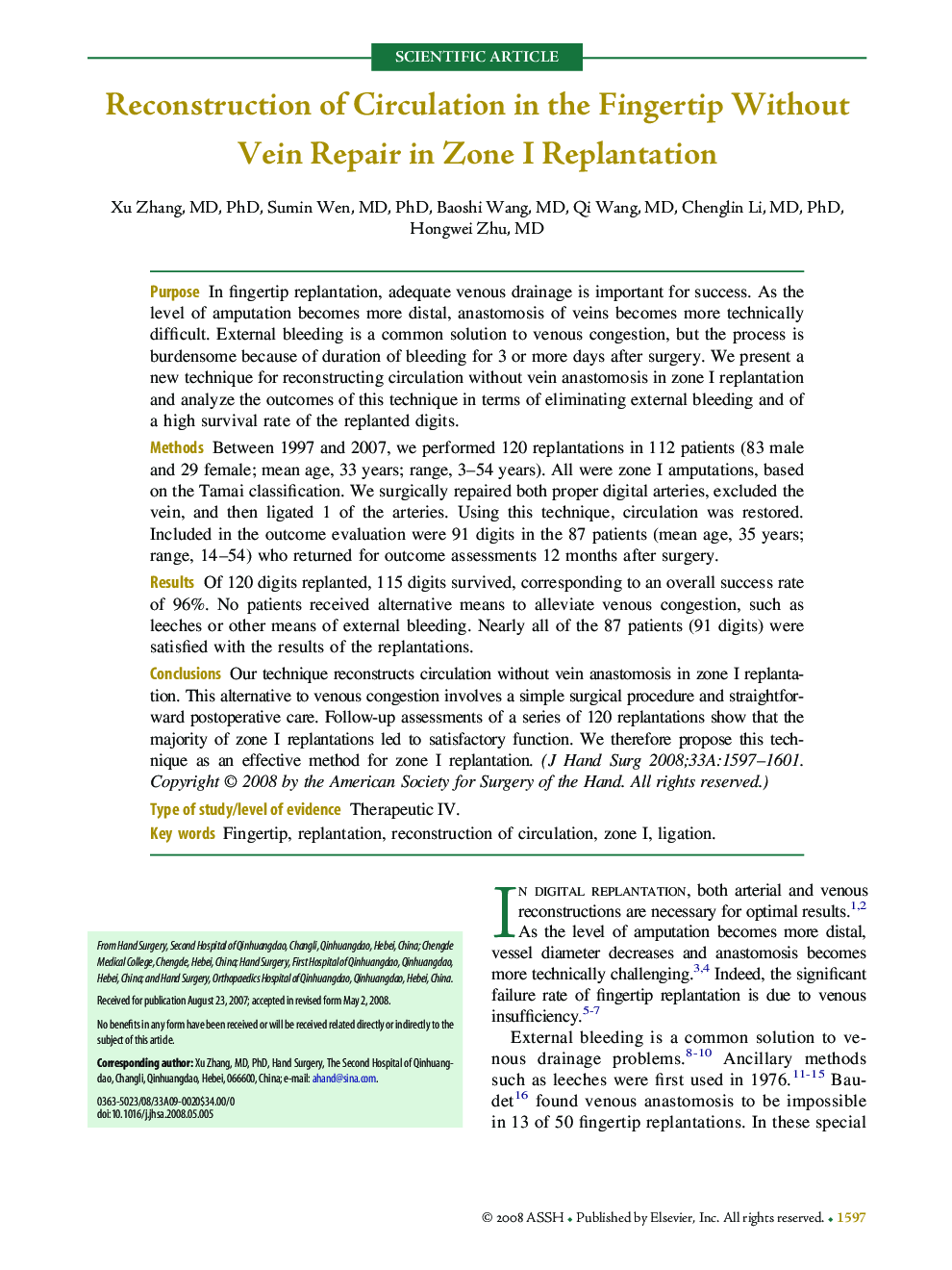 Reconstruction of Circulation in the Fingertip Without Vein Repair in Zone I Replantation 