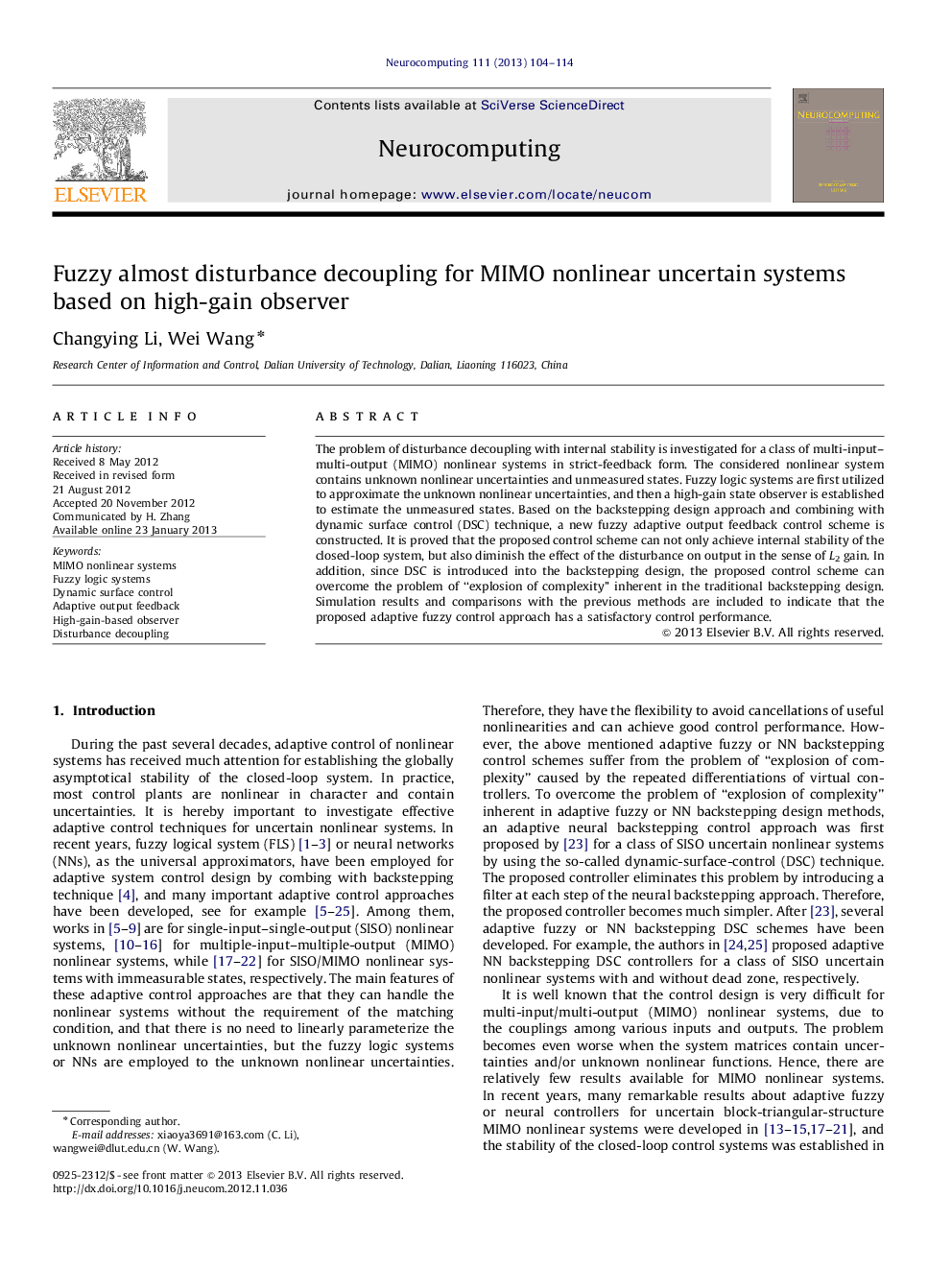 Fuzzy almost disturbance decoupling for MIMO nonlinear uncertain systems based on high-gainobserver