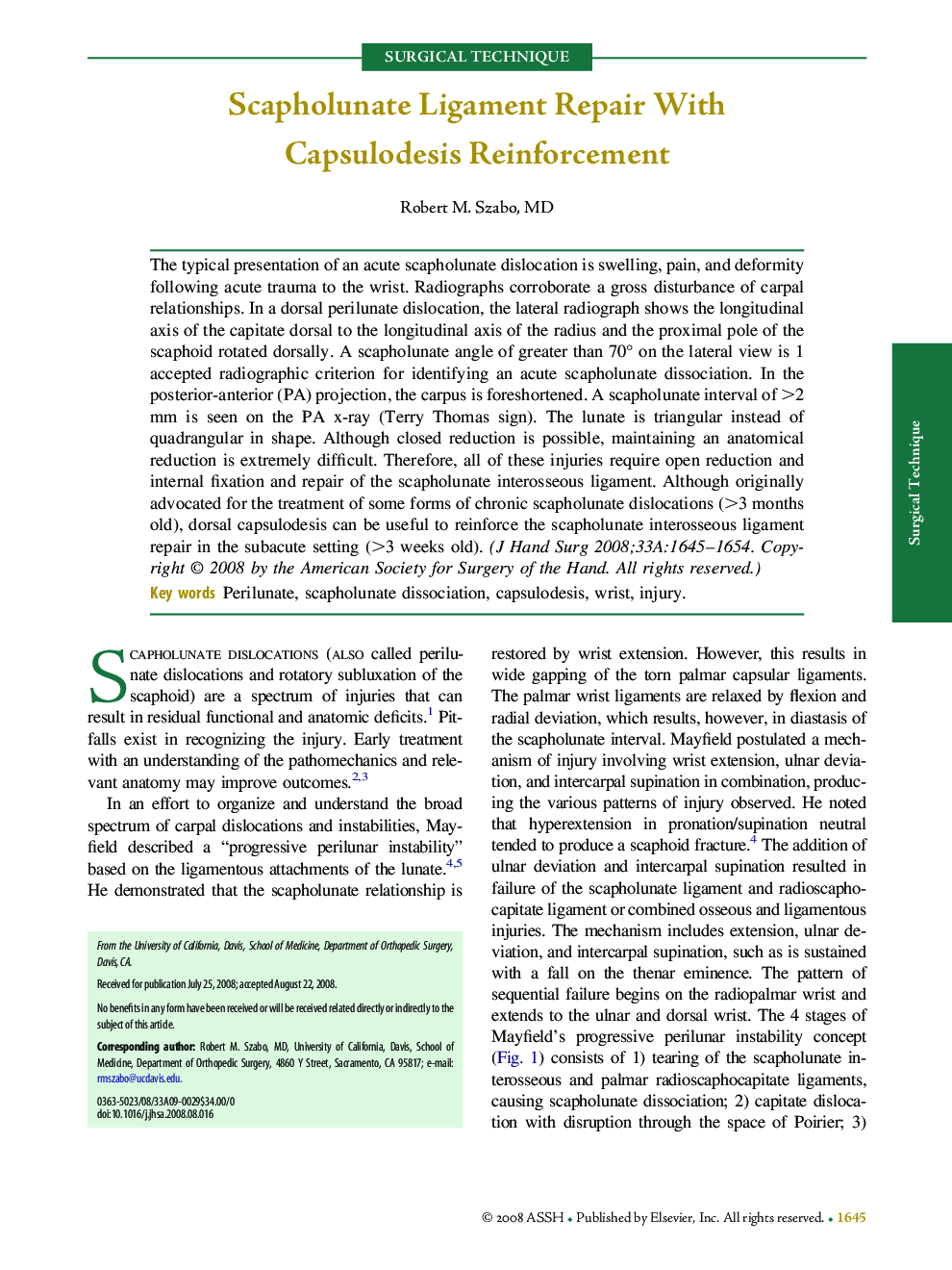 Scapholunate Ligament Repair With Capsulodesis Reinforcement 