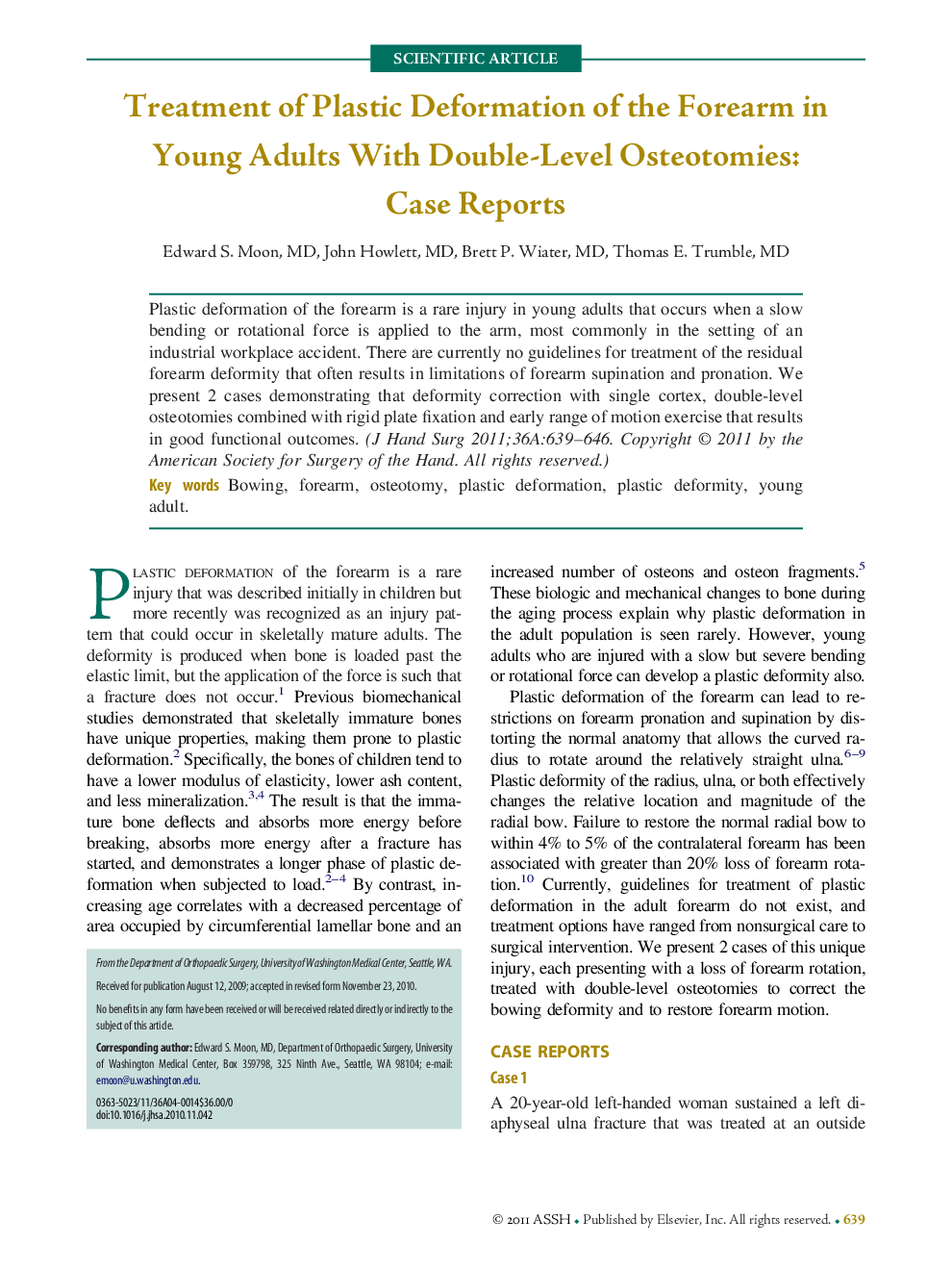 Treatment of Plastic Deformation of the Forearm in Young Adults With Double-Level Osteotomies: Case Reports