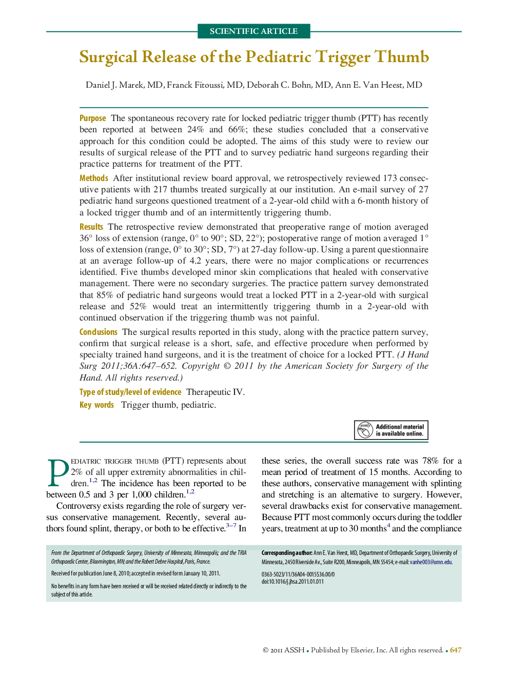 Surgical Release of the Pediatric Trigger Thumb