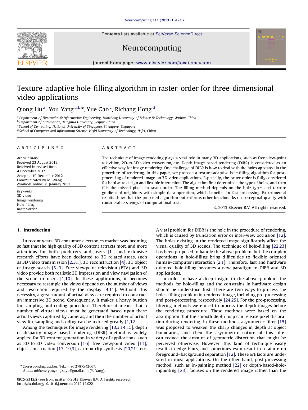 Texture-adaptive hole-filling algorithm in raster-order for three-dimensional video applications