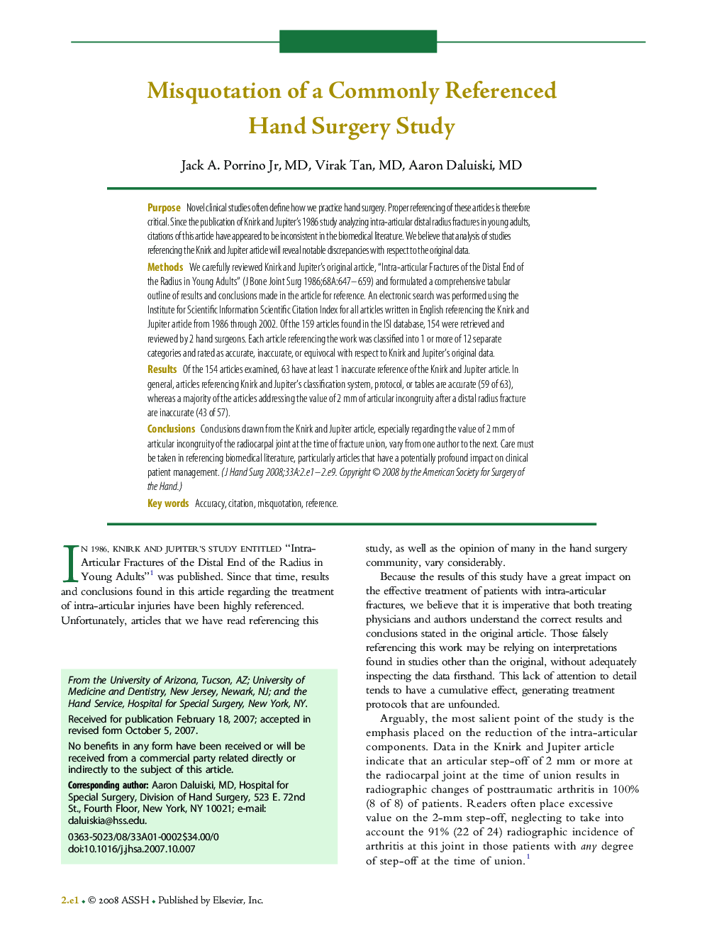 Misquotation of a Commonly Referenced Hand Surgery Study 
