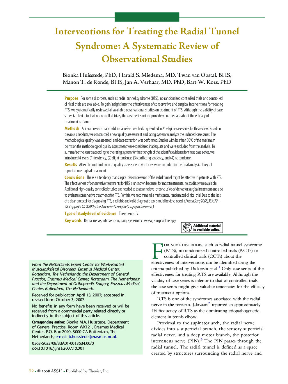 Interventions for Treating the Radial Tunnel Syndrome: A Systematic Review of Observational Studies