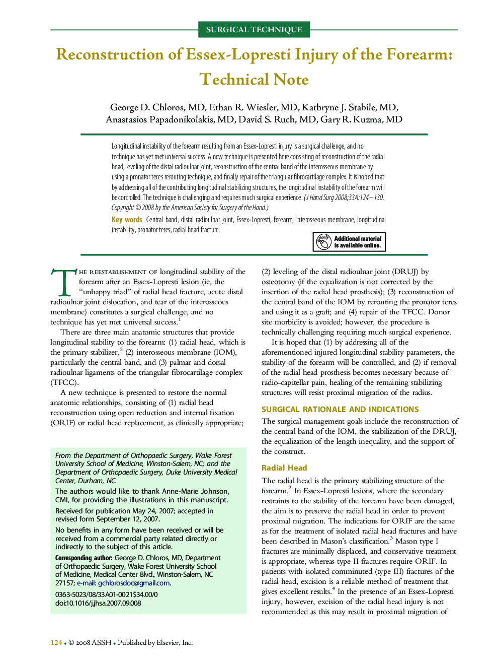 Reconstruction of Essex-Lopresti Injury of the Forearm: Technical Note 