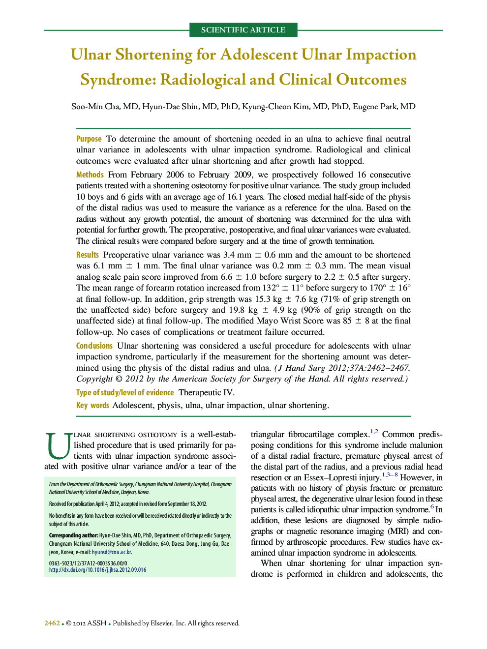 Ulnar Shortening for Adolescent Ulnar Impaction Syndrome: Radiological and Clinical Outcomes 