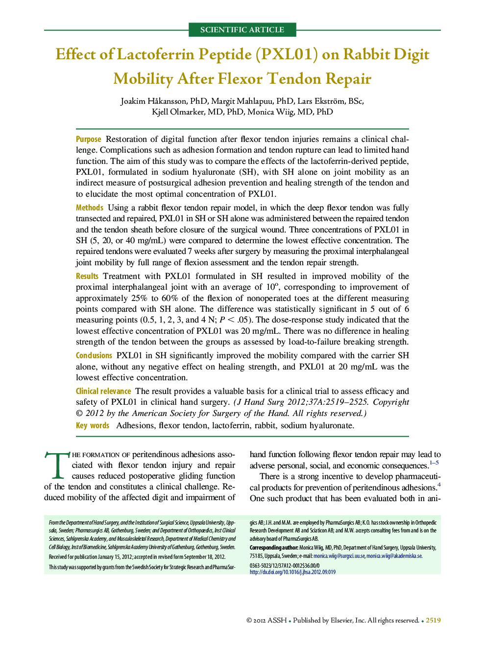 Effect of Lactoferrin Peptide (PXL01) on Rabbit Digit Mobility After Flexor Tendon Repair 