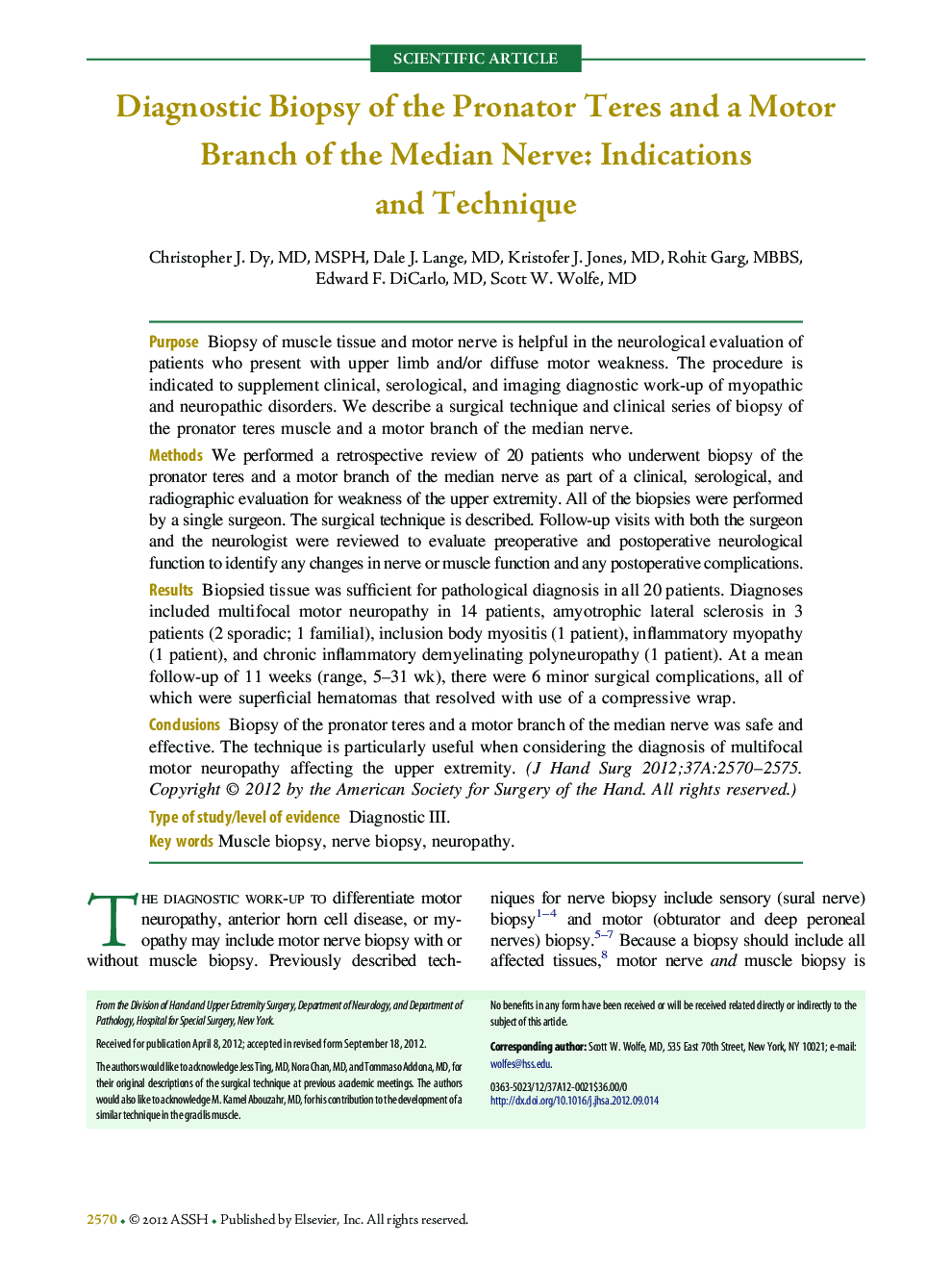 Diagnostic Biopsy of the Pronator Teres and a Motor Branch of the Median Nerve: Indications and Technique 