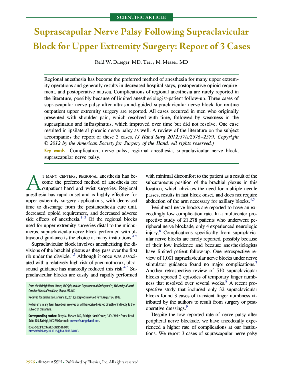 Suprascapular Nerve Palsy Following Supraclavicular Block for Upper Extremity Surgery: Report of 3 Cases 