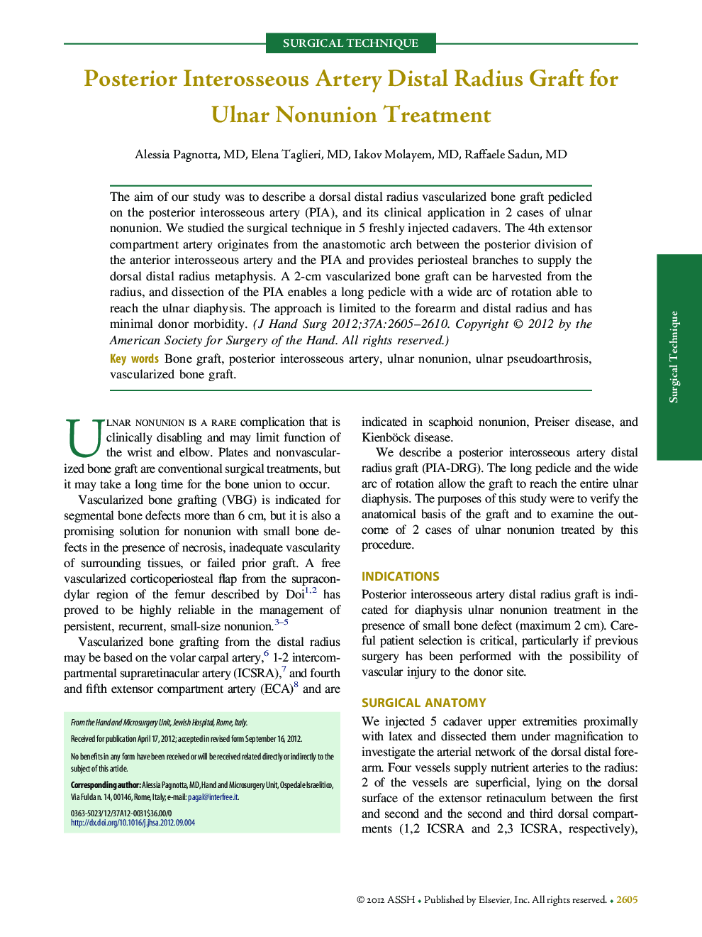 Posterior Interosseous Artery Distal Radius Graft for Ulnar Nonunion Treatment 