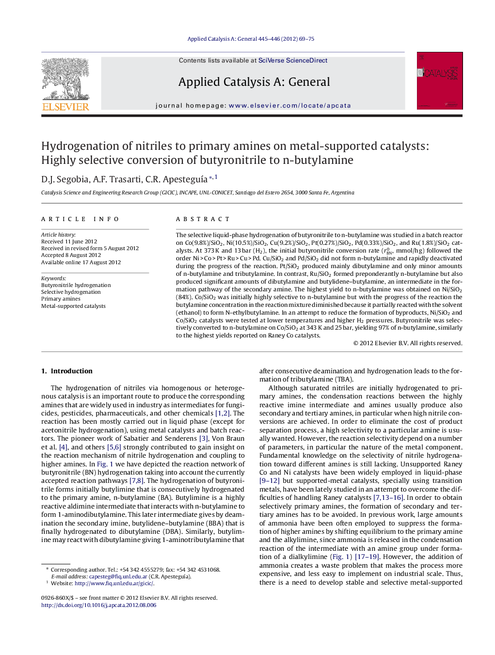 Hydrogenation of nitriles to primary amines on metal-supported catalysts: Highly selective conversion of butyronitrile to n-butylamine