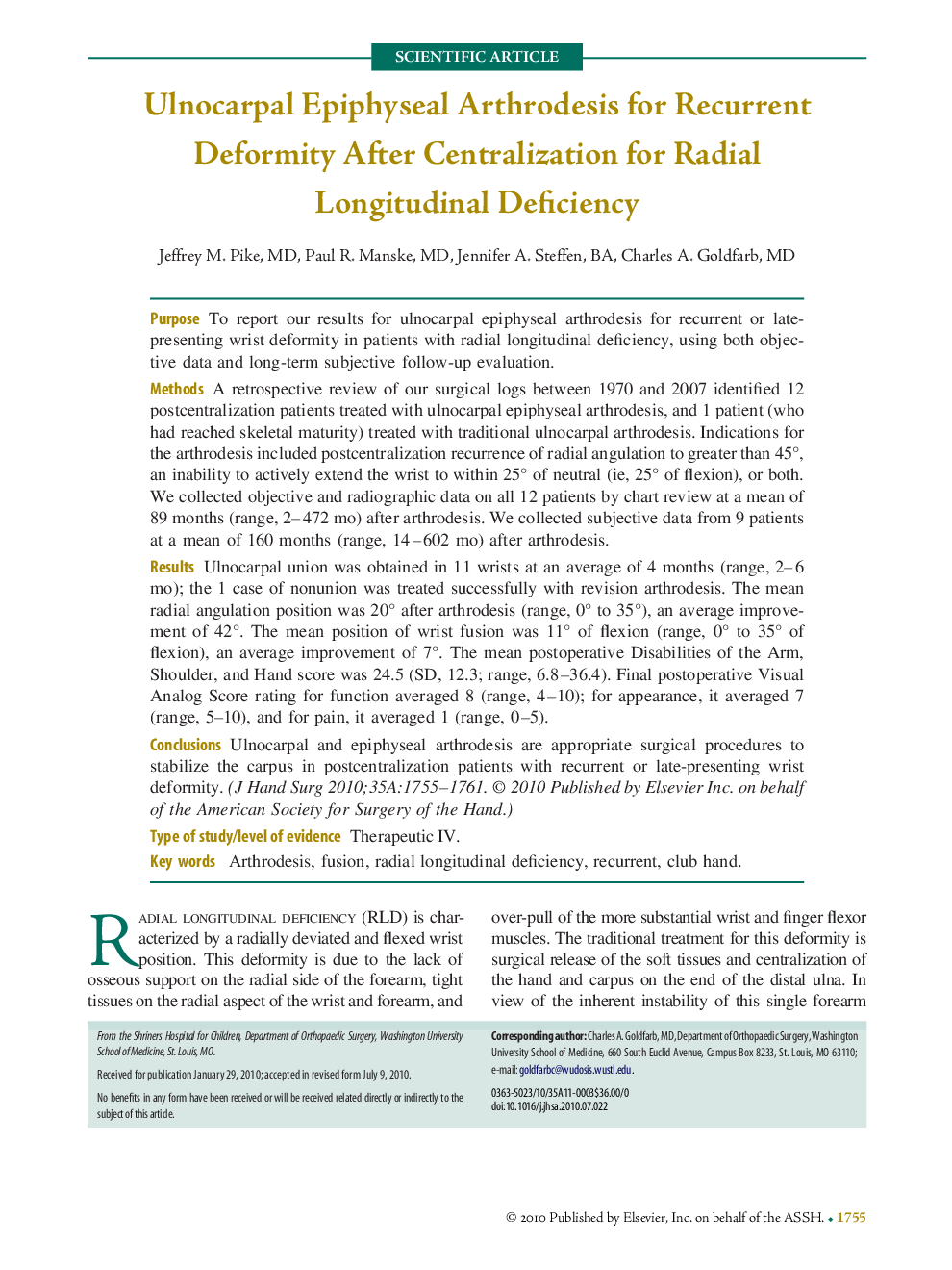 Ulnocarpal Epiphyseal Arthrodesis for Recurrent Deformity After Centralization for Radial Longitudinal Deficiency