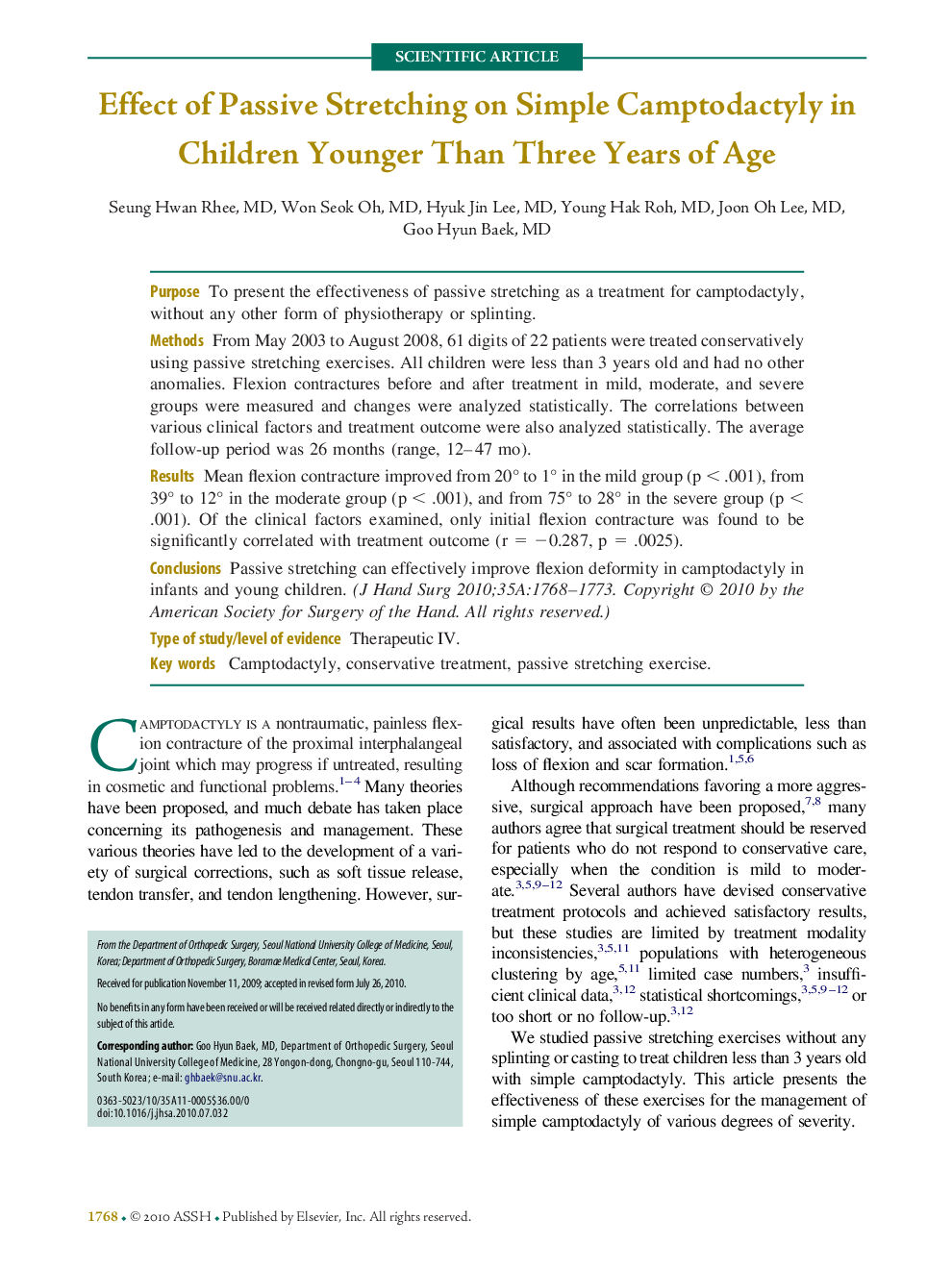 Effect of Passive Stretching on Simple Camptodactyly in Children Younger Than Three Years of Age 