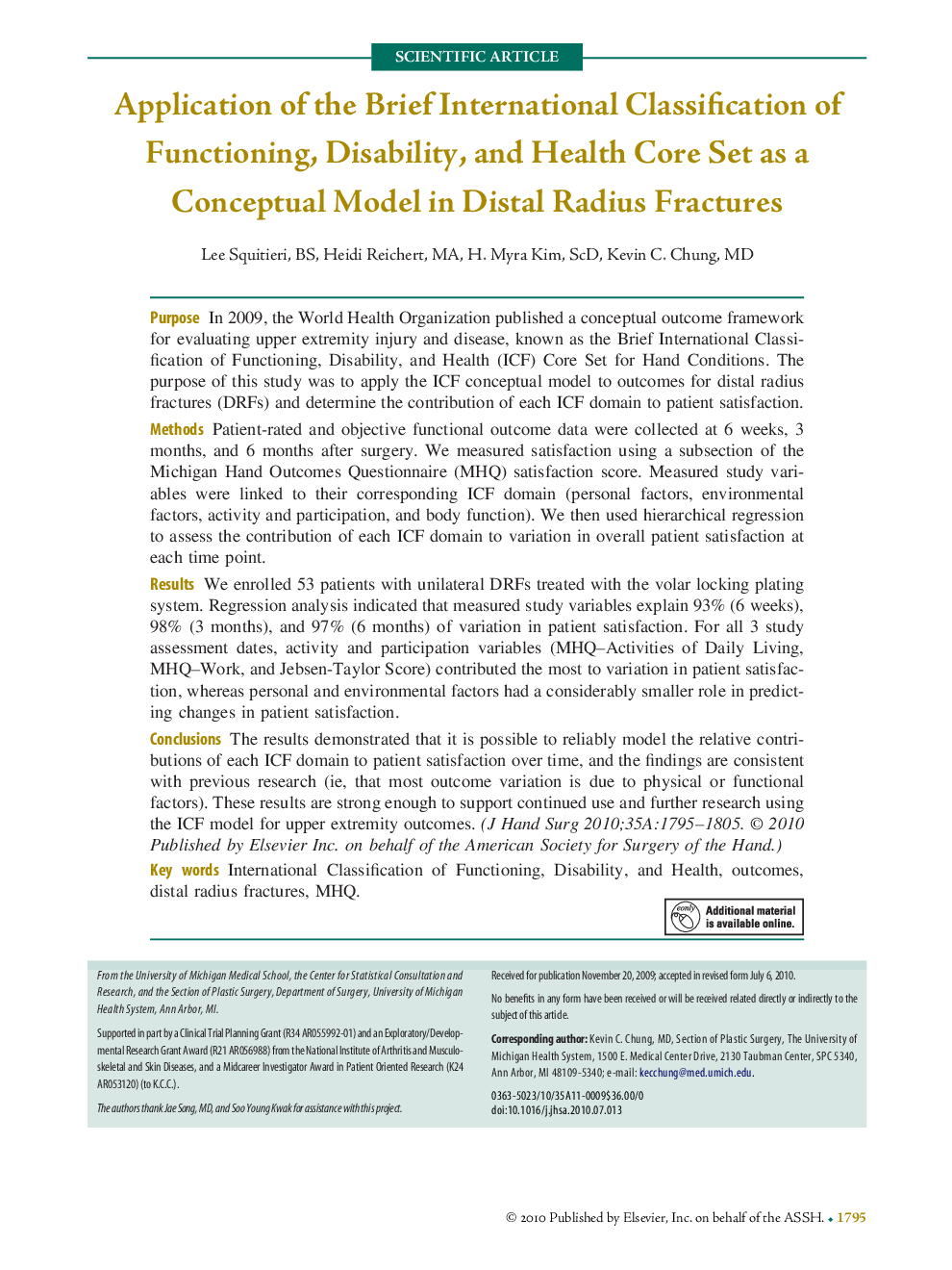 Application of the Brief International Classification of Functioning, Disability, and Health Core Set as a Conceptual Model in Distal Radius Fractures