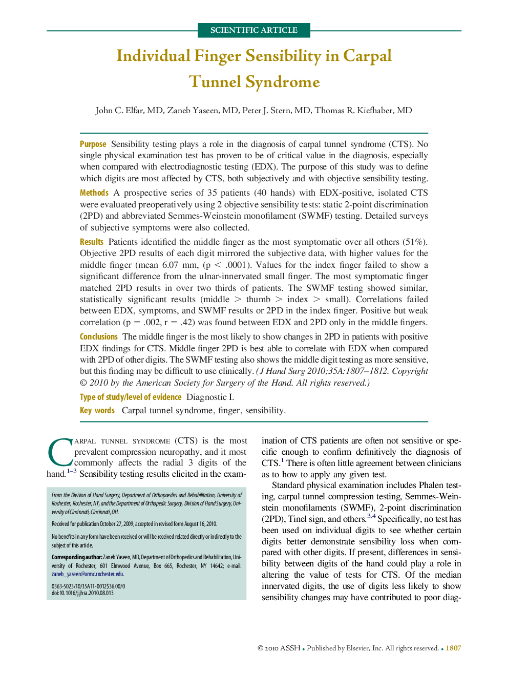 Individual Finger Sensibility in Carpal Tunnel Syndrome 