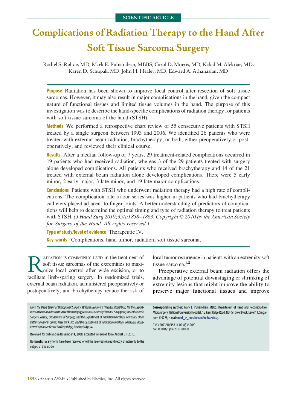 Complications of Radiation Therapy to the Hand After Soft Tissue Sarcoma Surgery 