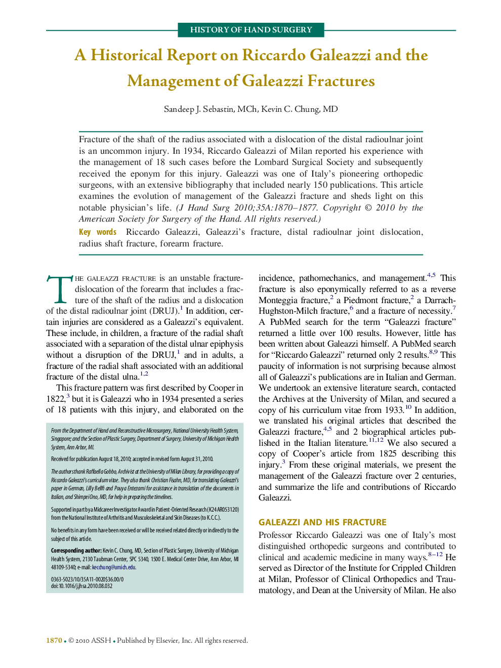 A Historical Report on Riccardo Galeazzi and the Management of Galeazzi Fractures 