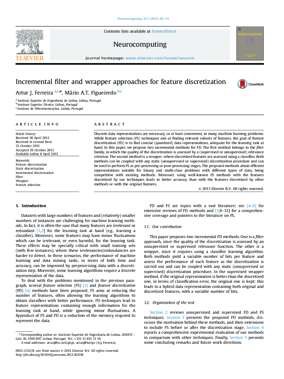 Incremental filter and wrapper approaches for feature discretization