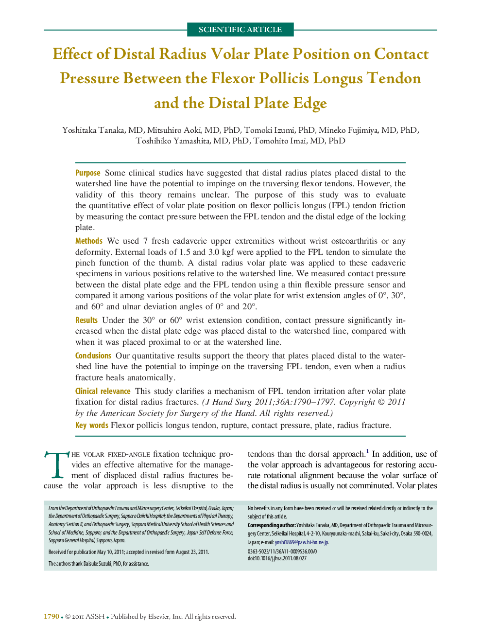 Effect of Distal Radius Volar Plate Position on Contact Pressure Between the Flexor Pollicis Longus Tendon and the Distal Plate Edge 