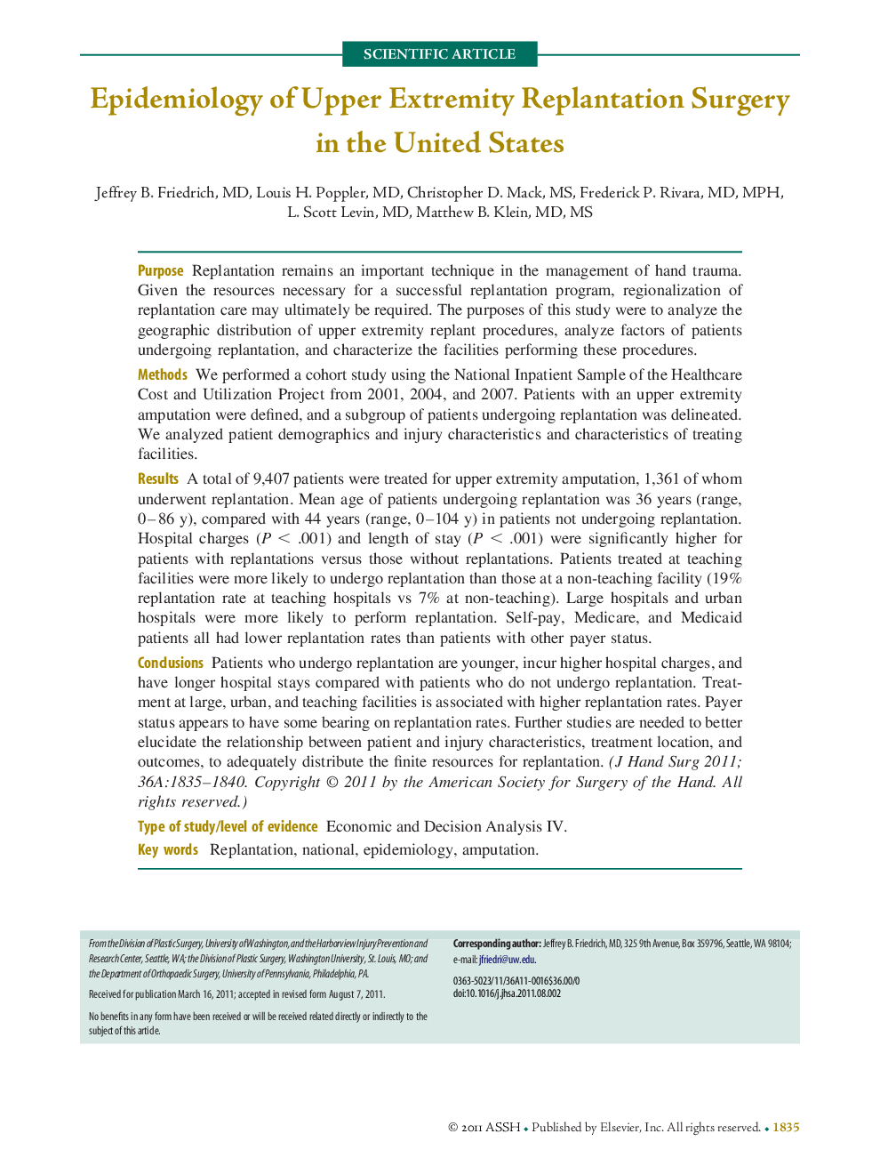 Epidemiology of Upper Extremity Replantation Surgery in the United States 