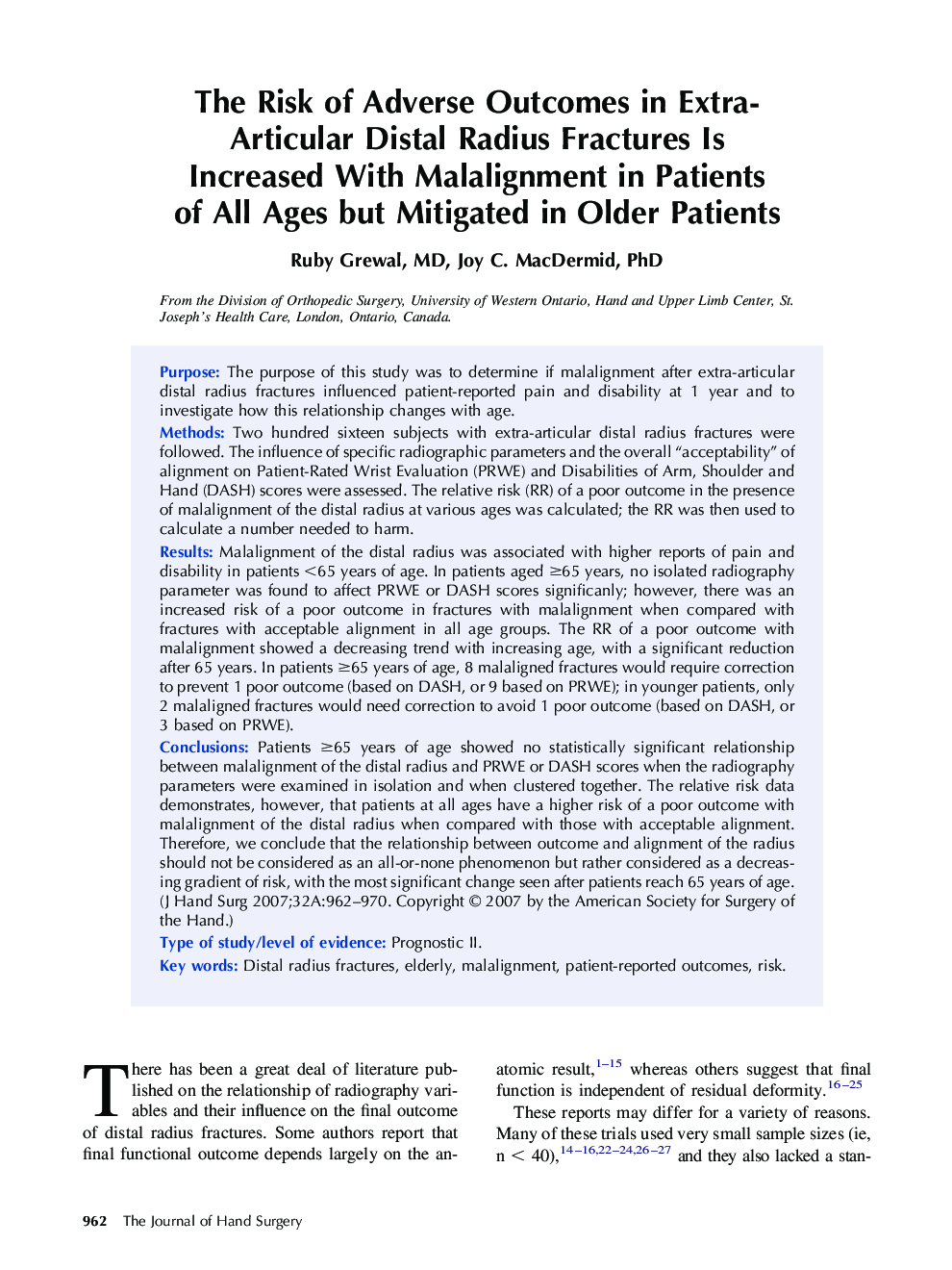 The Risk of Adverse Outcomes in Extra-Articular Distal Radius Fractures Is Increased With Malalignment in Patients of All Ages but Mitigated in Older Patients 