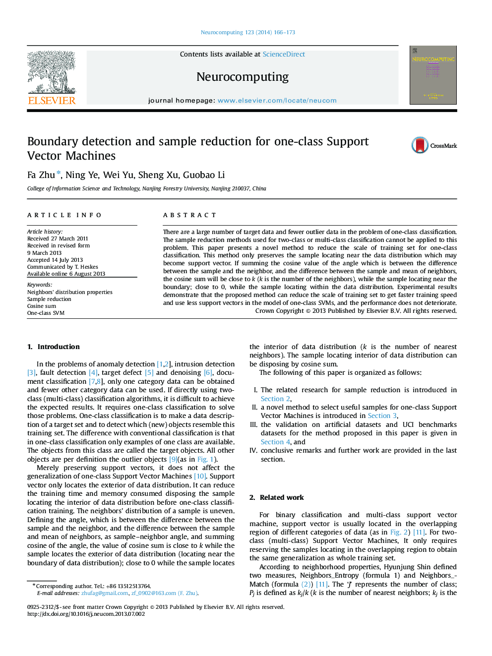 Boundary detection and sample reduction for one-class Support Vector Machines
