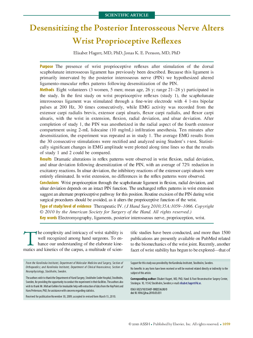 Desensitizing the Posterior Interosseous Nerve Alters Wrist Proprioceptive Reflexes 