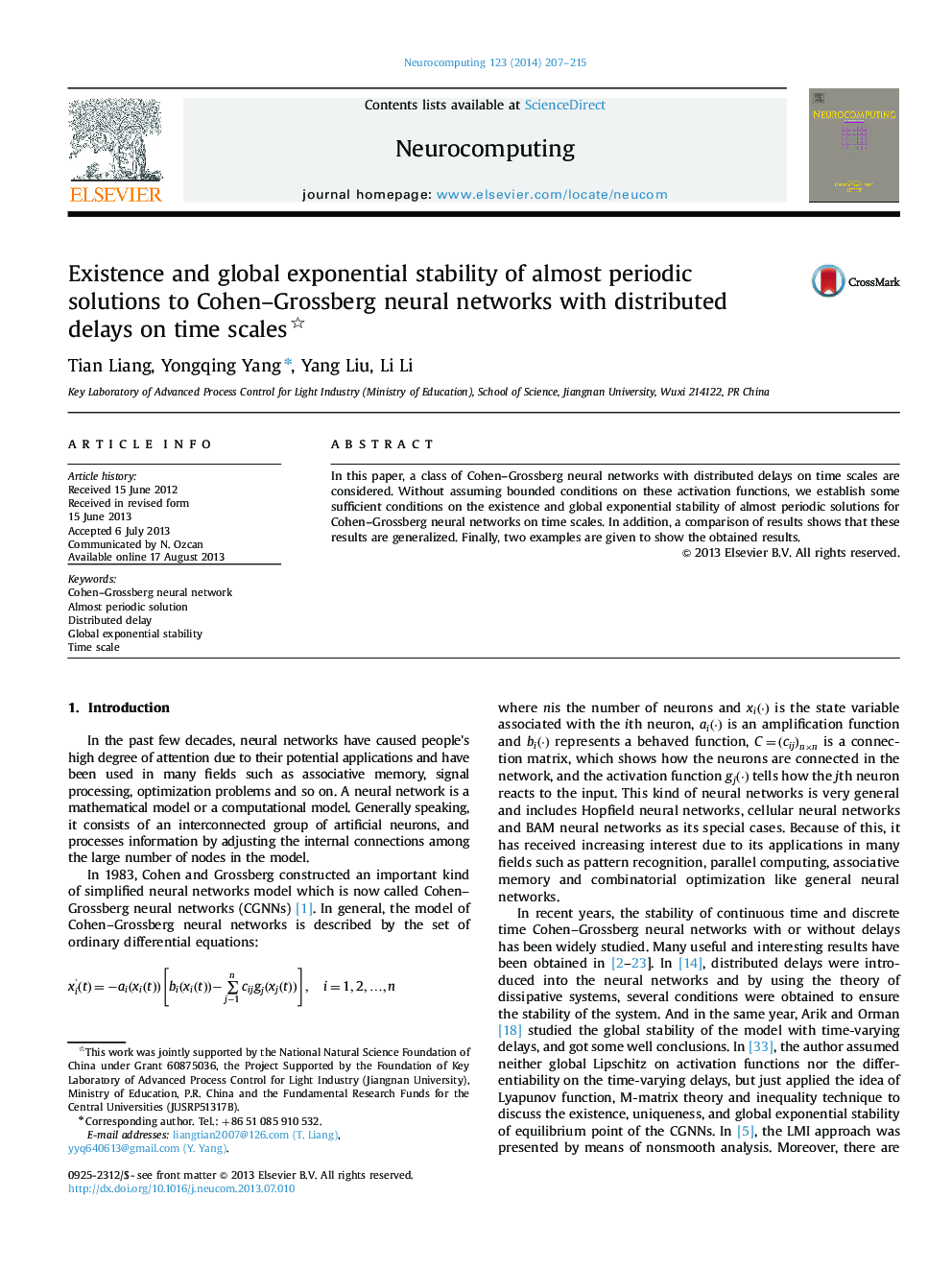 Existence and global exponential stability of almost periodic solutions to Cohen–Grossberg neural networks with distributed delays on time scales 