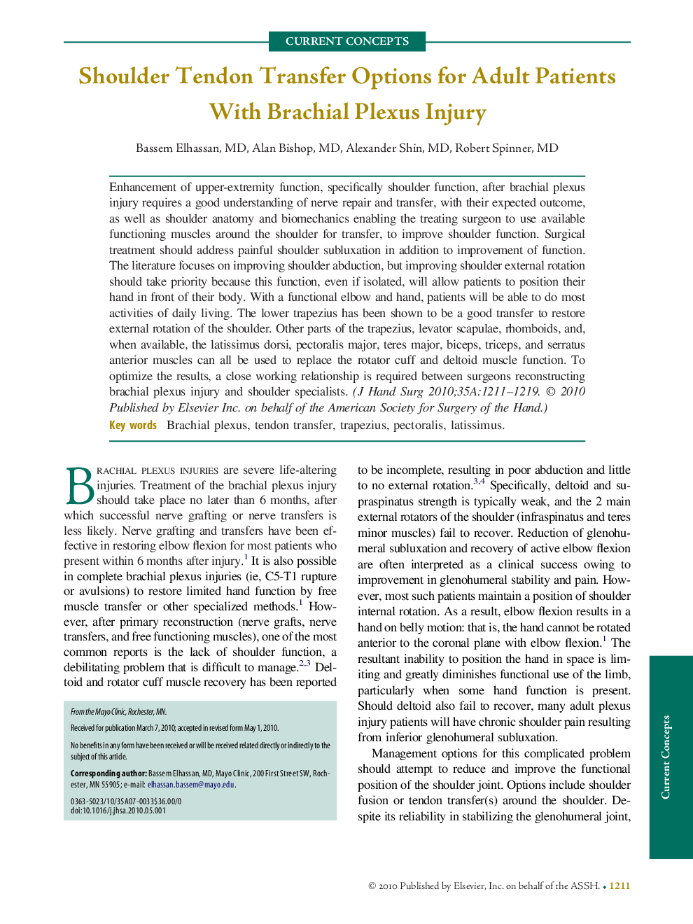 Shoulder Tendon Transfer Options for Adult Patients With Brachial Plexus Injury 