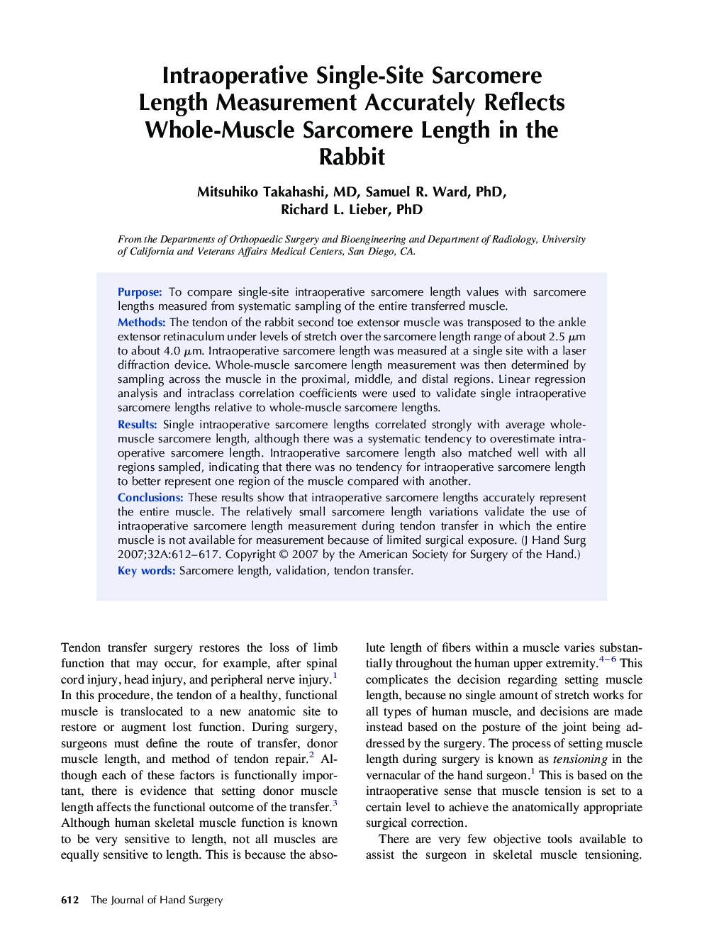 Intraoperative Single-Site Sarcomere Length Measurement Accurately Reflects Whole-Muscle Sarcomere Length in the Rabbit 