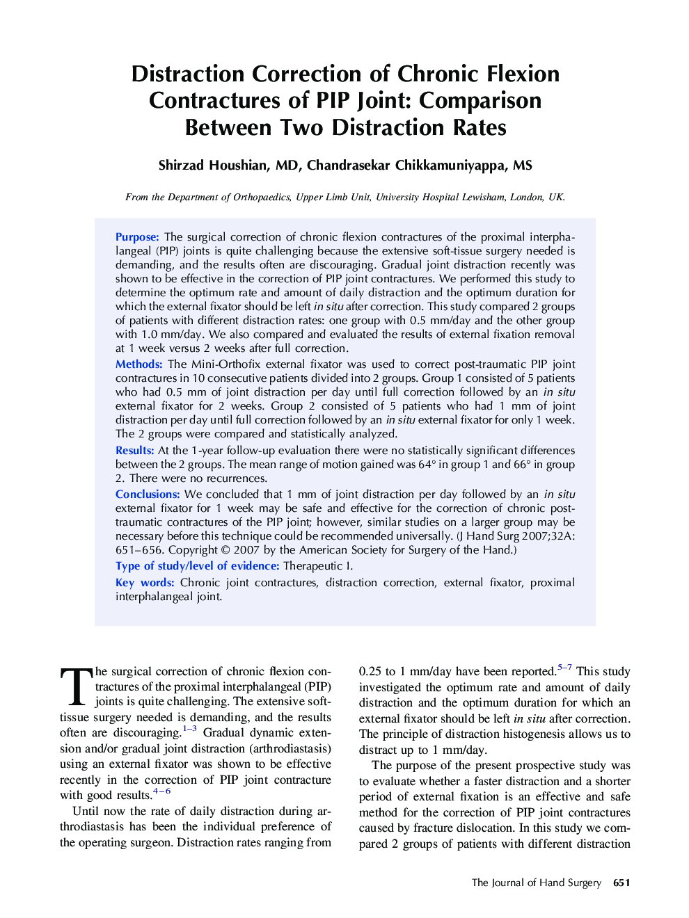 Distraction Correction of Chronic Flexion Contractures of PIP Joint: Comparison Between Two Distraction Rates 