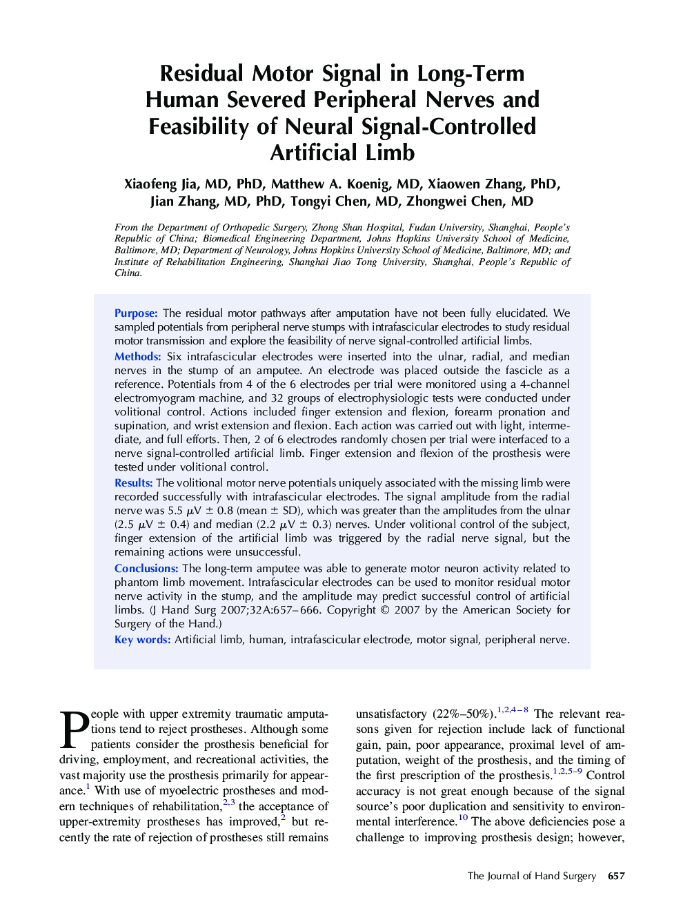 Residual Motor Signal in Long-Term Human Severed Peripheral Nerves and Feasibility of Neural Signal-Controlled Artificial Limb 