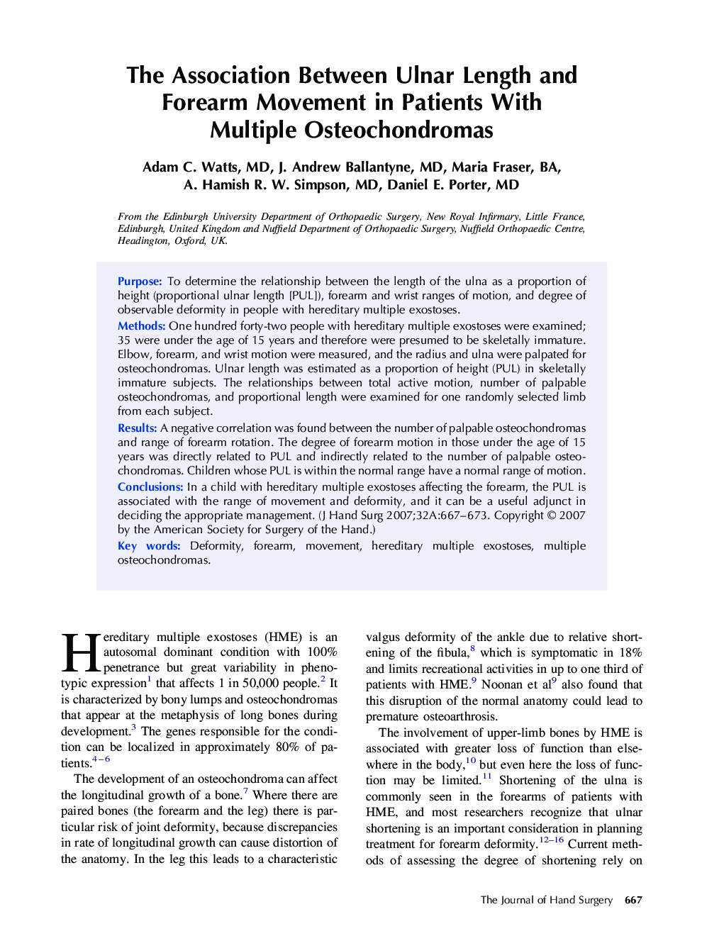 The Association Between Ulnar Length and Forearm Movement in Patients With Multiple Osteochondromas 