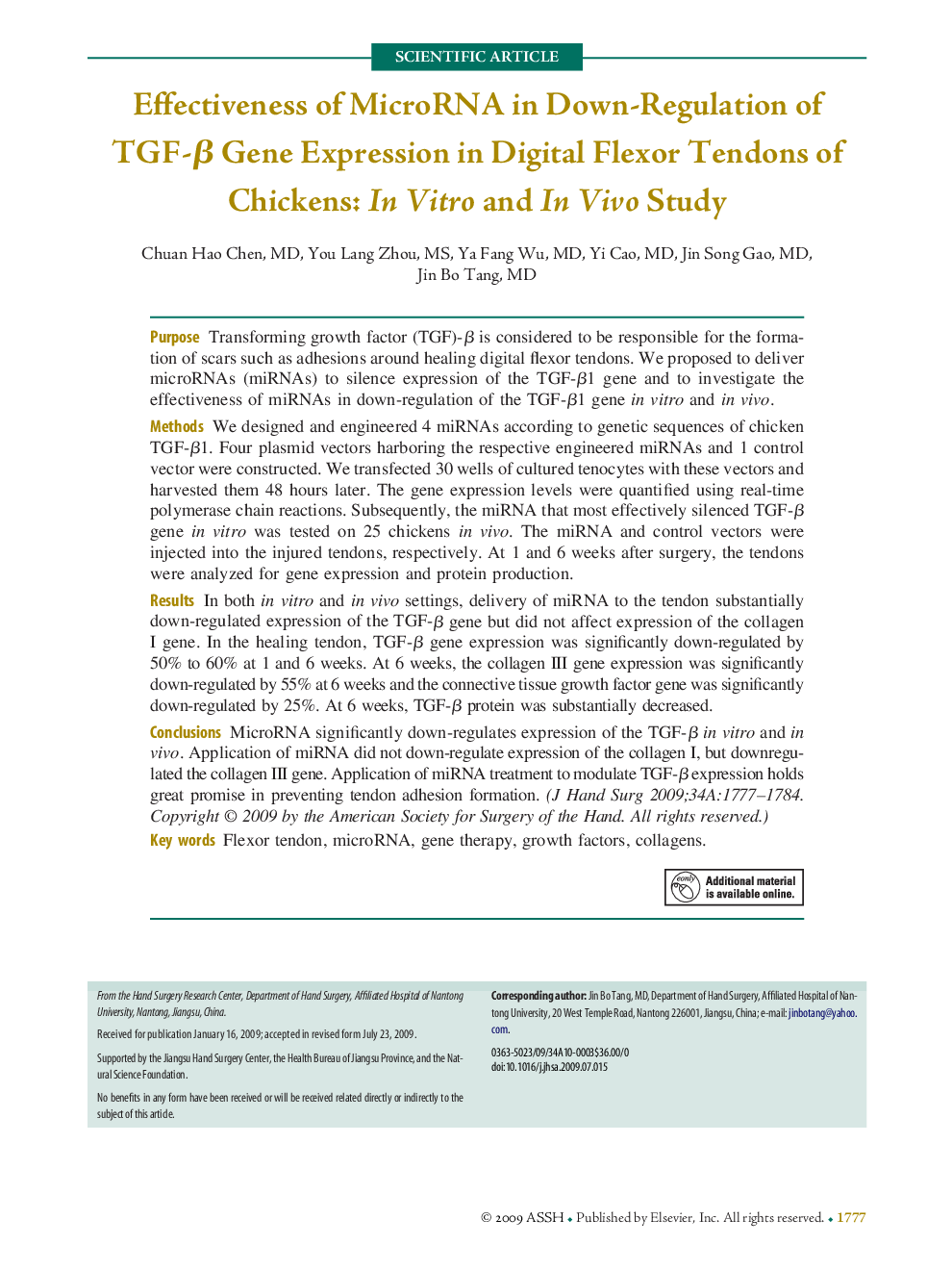 Effectiveness of MicroRNA in Down-Regulation of TGF-Î² Gene Expression in Digital Flexor Tendons of Chickens: In Vitro and In Vivo Study