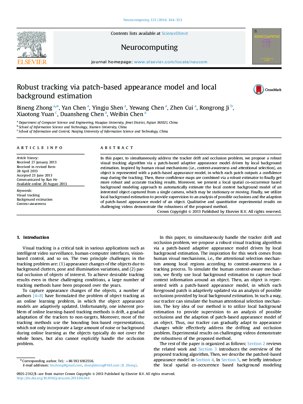 Robust tracking via patch-based appearance model and local background estimation