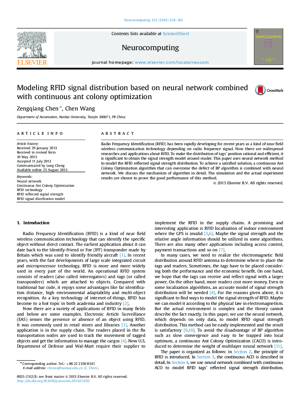 Modeling RFID signal distribution based on neural network combined with continuous ant colony optimization