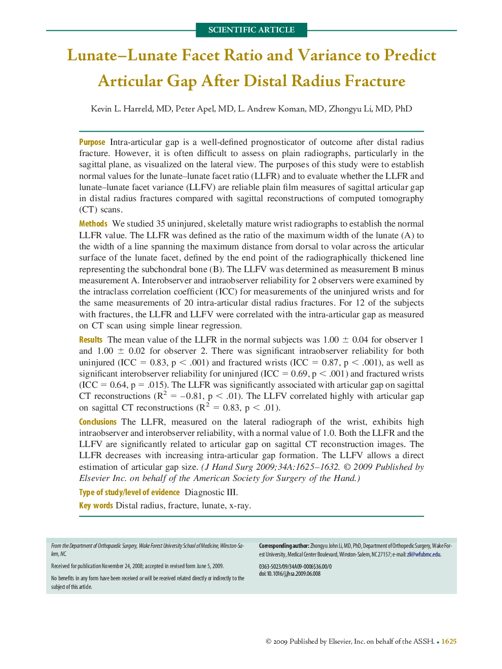 Lunate–Lunate Facet Ratio and Variance to Predict Articular Gap After Distal Radius Fracture 