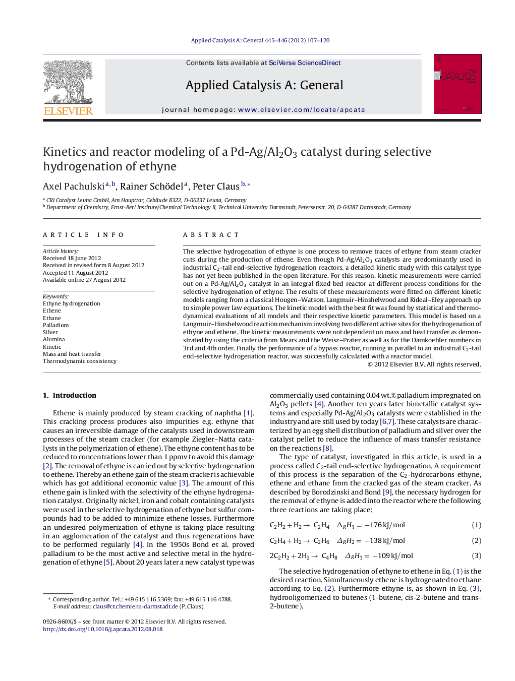 Kinetics and reactor modeling of a Pd-Ag/Al2O3 catalyst during selective hydrogenation of ethyne