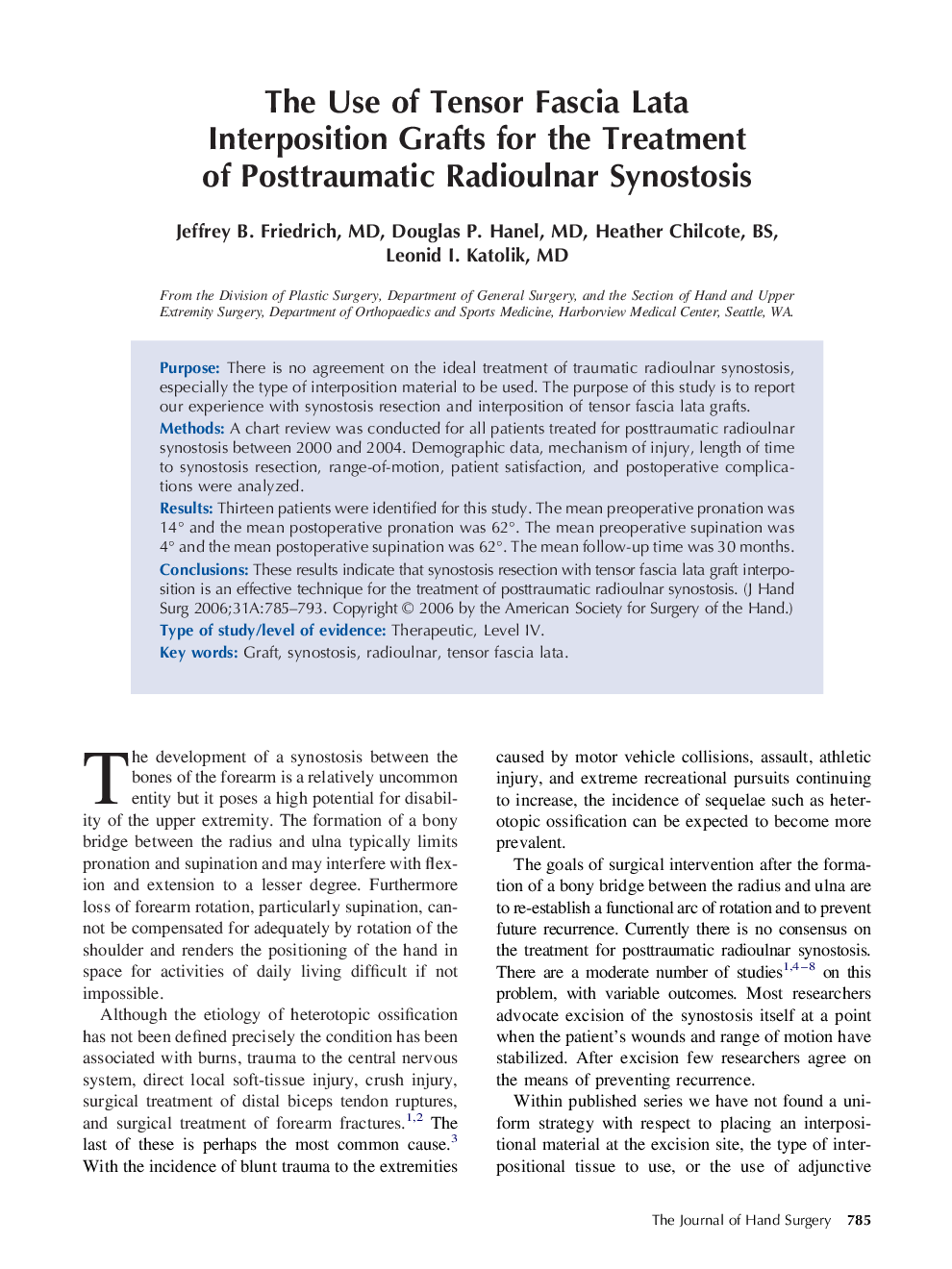 The Use of Tensor Fascia Lata Interposition Grafts for the Treatment of Posttraumatic Radioulnar Synostosis 